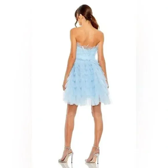 Mac Duggal 20529 Blue Feathered Strapless Tulle Fit & Flare Mini Dress NWT